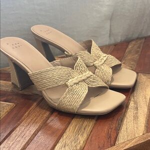 A New Day Beige Woven Heeled Mules
